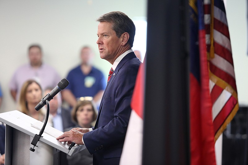 Staff photo by Erin O. Smith / Georgia Governor Brian Kemp speaks in a meeting prior to a tour of GE Appliances' Roper Plant Friday, Sept. 20, 2019 in LaFayette, Georgia.