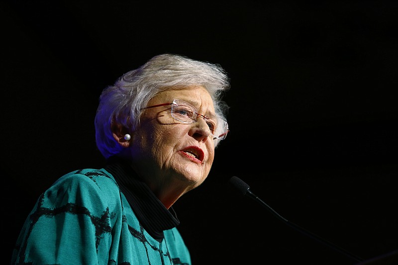 FILE - In this Nov. 6, 2018 file photo Republican Gov. Kay Ivey speaks to supporters after she won the election at a watch party in Montgomery, Ala.  Ivey announced Thursday, Sept. 19, 2019 that she will receive treatment for a malignant spot on her lung. The 74-year-old Republican governor said the spot was discovered in a routine exam and was later confirmed to be what she called a tiny, isolated malignancy. (AP Photo/Butch Dill, file)