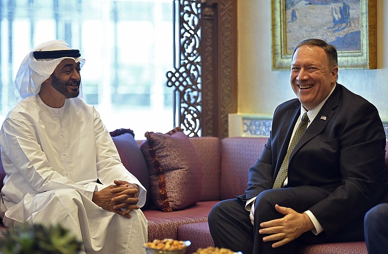 U.S. Secretary of State Mike Pompeo meets with Abu Dhabi Crown Prince Mohamed bin Zayed al-Nahyan in Abu Dhabi, United Arab Emirates, Thursday, Sept. 19, 2019. (Mandel Ngan/Pool via AP)