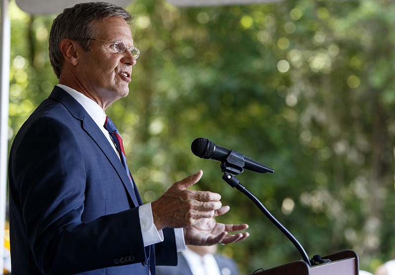 FILE - In this July 9, 2019, file photo Tennessee Gov. Bill Lee speaks during a groundbreaking ceremony for the new soccer club stadium in East Ridge, Tenn. (C.B. Schmelter/Chattanooga Times Free Press via AP, File)