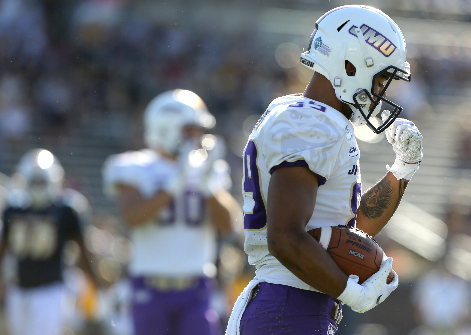 Staff photo by Erin O. Smith / James Madison University's Jake Brown (89) celebrates a catch during the UTC vs. James Madison University NCAA football game Saturday, August 21, 2019 at Finley Stadium in Chattanooga, Tennessee. JMU was up 20-14 at the half.