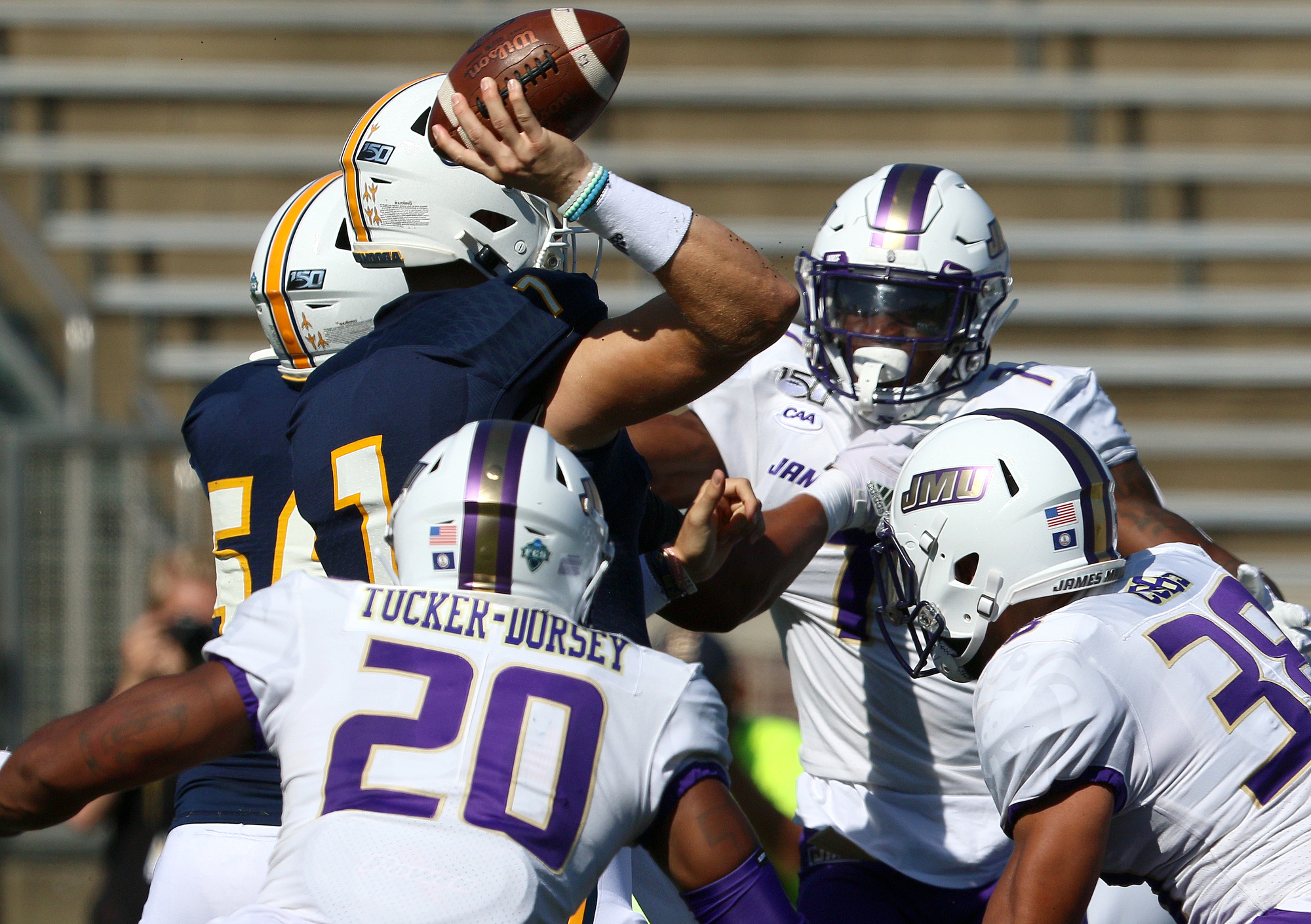 Staff photo by Erin O. Smith / UTC quarterback Nick Tiano (7) throws a pass during the UTC vs. James Madison University NCAA football game Saturday, August 21, 2019 at Finley Stadium in Chattanooga, Tennessee. JMU beat UTC with a score of 37-14.