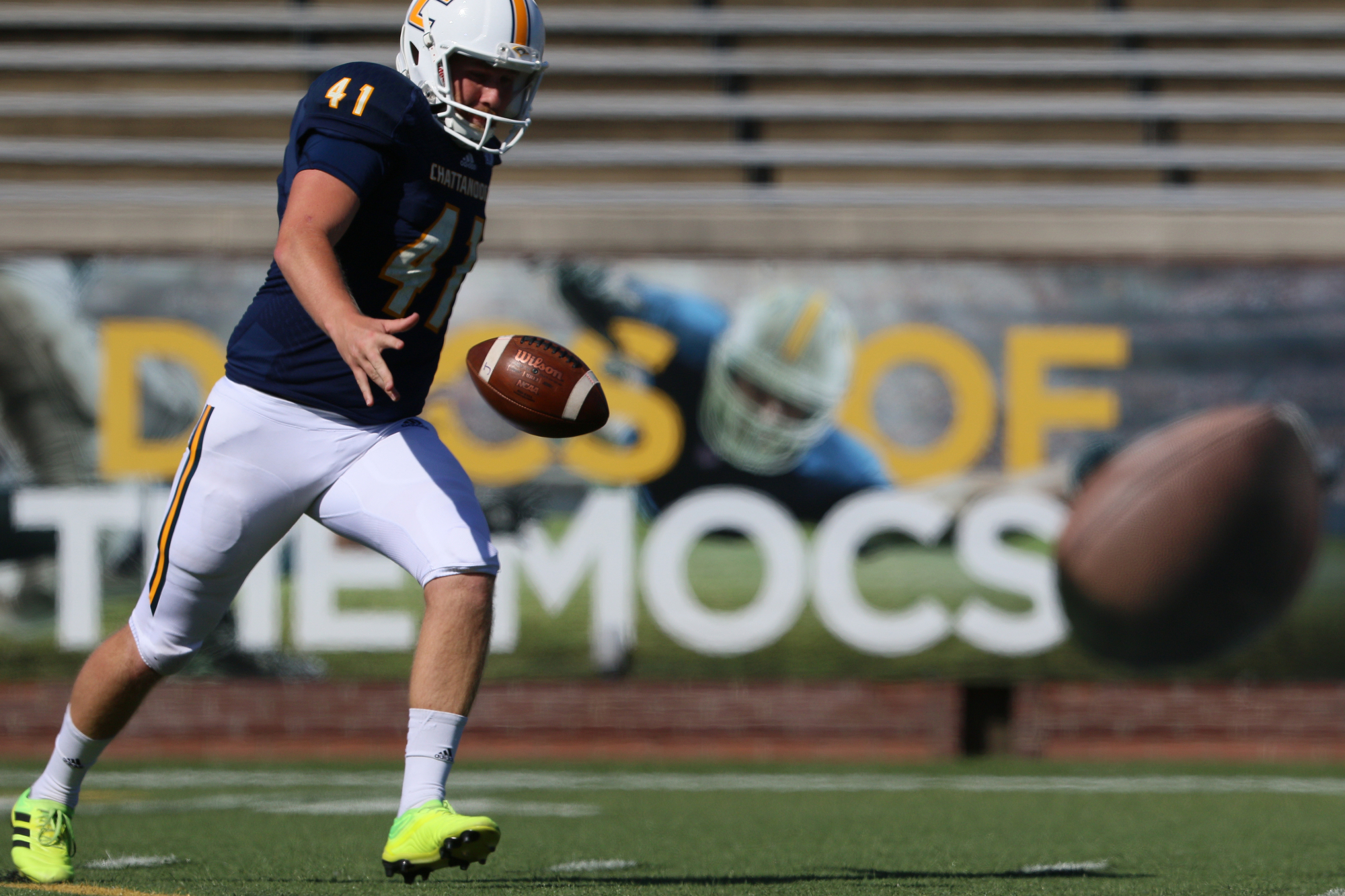 Staff photo by Erin O. Smith / UTC's Colin Brewer (41) punts the ball during the UTC vs. James Madison University NCAA football game Saturday, August 21, 2019 at Finley Stadium in Chattanooga, Tennessee. JMU beat UTC with a score of 37-14.