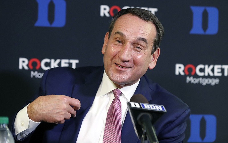 AP photo by Ethan Hyman / Duke men's basketball coach Mike Krzyzewski laughs while speaking during media day on Sept. 23, 2019, at Cameron Indoor Stadium in Durham, N.C.