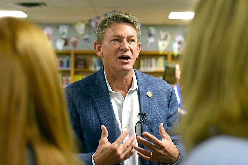 Staff Photo by Robin Rudd/ Interim UT President Randy Boyd speaks to the media. Interim UT President Randy Boyd and UTC Chancellor Steve Angle were at Red Bank High School to discuss the UT Promise Endowment campaign with the school's juniors and seniors.