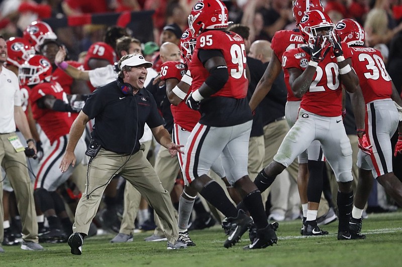 Georgia head coach Kirby Smart reacts to a field goal against Notre Dame during the second half of an NCAA college football game, Saturday, Sept. 21, 2019, in Athens, Ga. Georgia won 23-17. (AP Photo/John Bazemore)


