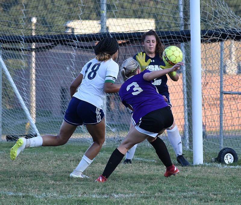 Staff photo by Patrick MacCoon / Sequatchie County sophomore Jamie Rollins (3) shoots and scores during the first half of a 5-1 home win over CSAS on Thursday night. Rollins has 24 goals this season.