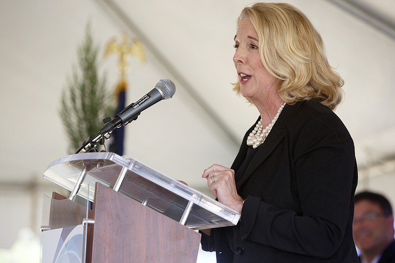 Staff photo by C.B. Schmelter / Tennessee Board of Regents Chancellor Flora Tydings speaks during a groundbreaking ceremony for the McMinn Higher Education Center on Friday, Sept. 27, 2019 in Athens, Tenn. The new facility will include the Tennessee College of Applied Technology-Athens, Cleveland State Community College, and the McMinn County UT Extension Institute of Agriculture.