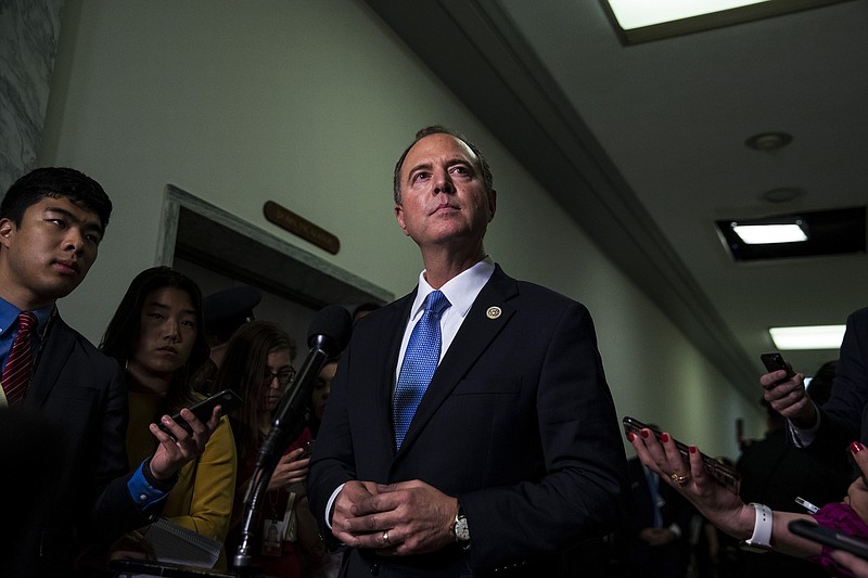 Photo by Anna Moneymaker of The New York Times/House Intelligence Committee Chairman Adam Schiff, D-California, speaks to reporters after hearing testimony from Joseph Maguire, the acting director of national intelligence, at a hearing in Washington on Thursday.