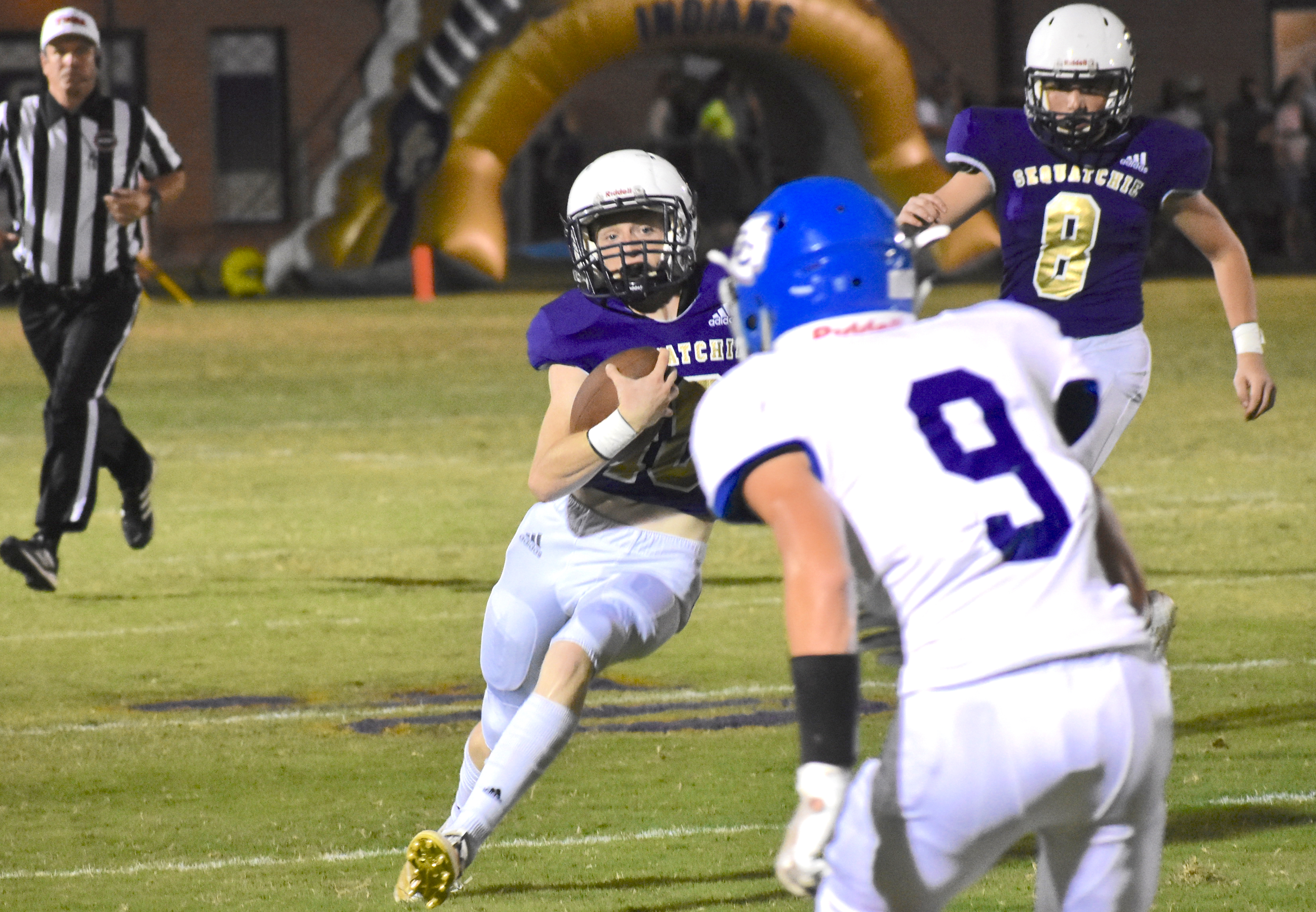 Staff photo by Patrick MacCoon / Sequatchie County junior Ethan Seals breaks away on a fake-punt run for 49 yards in the first half. Seals came up big on the defensive side, too, in the Indians' 21-14 home win over Bledsoe County on Friday night.