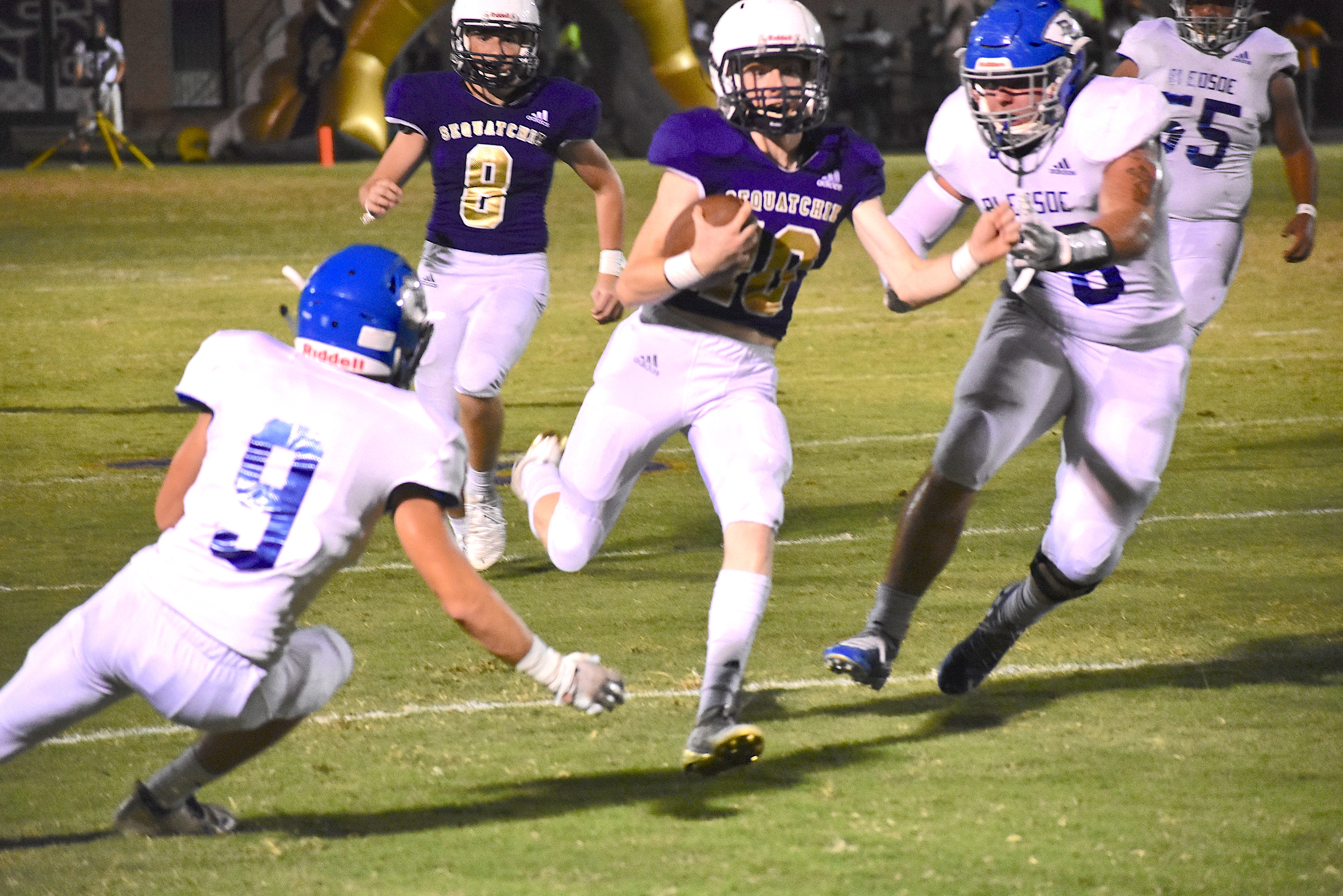 Staff photo by Patrick MacCoon / Sequatchie County junior Ethan Seals breaks away on a fake-punt run for 49 yards in the first half. Seals came up big on the defensive side, too, in the Indians' 21-14 home win over Bledsoe County on Friday night.