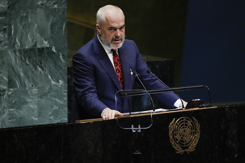 Albanian Prime Minister Edi Rama addresses the 74th session of the United Nations General Assembly, Friday, Sept. 27, 2019, at the United Nations headquarters. (AP Photo/Frank Franklin II)


