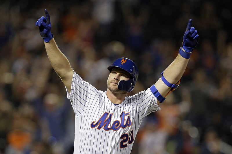 Associated Press photo by Adam Hunger / The New York Mets' Pete Alonso reacts after hitting his 53rd home run of the season during the third inning of Saturday night's home game against the Atlanta Braves.