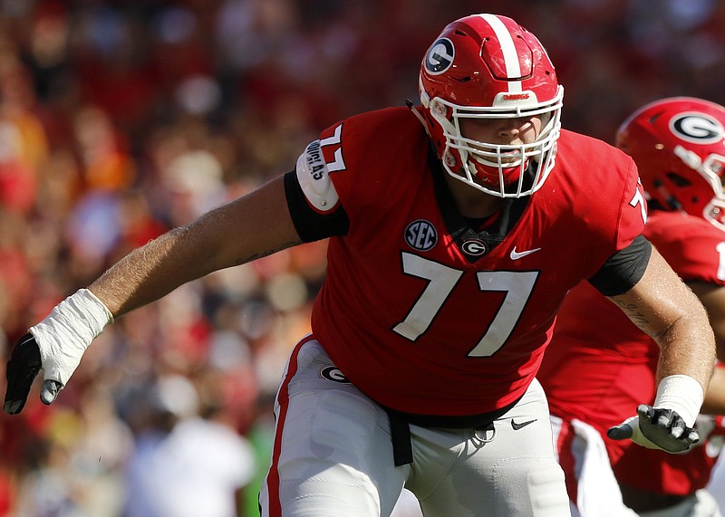 Staff photo by C.B. Schmelter / Georgia offensive lineman Cade Mays (77) is seen in action against Tennessee during a Southeastern Conference football game at Sanford Stadium on Saturday, Sept. 29, 2018, in Athens, Ga.