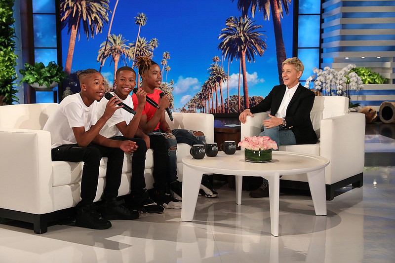 Photo by Michael Rozman / Warner Brothers
Chattanooga teens Amarion Toran, AT Toran and Dre Vinson, from left, appear with Ellen DeGeneres on the set of "The Ellen DeGeneres Show." A segment including the teens, a singing trio known as Citi Limitz, will air at 3 p.m. today on WRCB-TV.