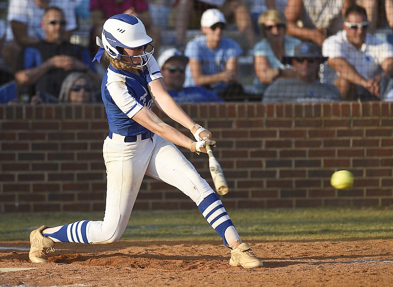 Staff Photo by Robin Rudd/  Ringgold's Riley Nayadley (2) connects for a Lady Tiger base hit.  The Calhoun Lady Yellow Jackets visited the Ringgold Lady Tigers in GHSA softball action on October 1, 2019.