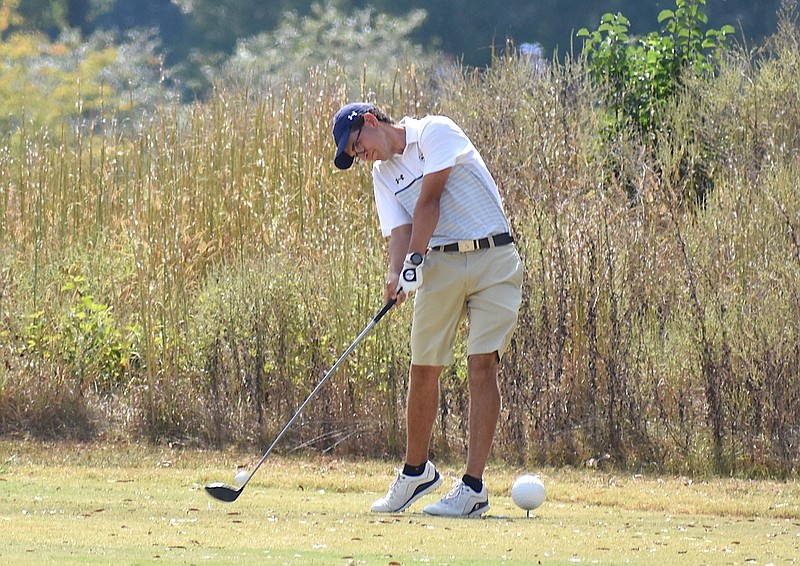 Staff photo by Patrick MacCoon / Chattanooga Christian School's Jonathan Xoinis tees off during the final day of the TSSAA Division II-AA state tournament at the WillowBrook Golf Club in Manchester on Tuesday. 
