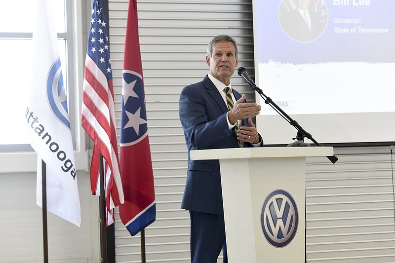 Staff photo by Tim Barber / Tennessee Gov. Bill Lee speaks Wednesday, Oct. 2, 2019, to several dozen people at the Volkswagen Academy as the company recognizes Manufacturing Day in Tennessee.