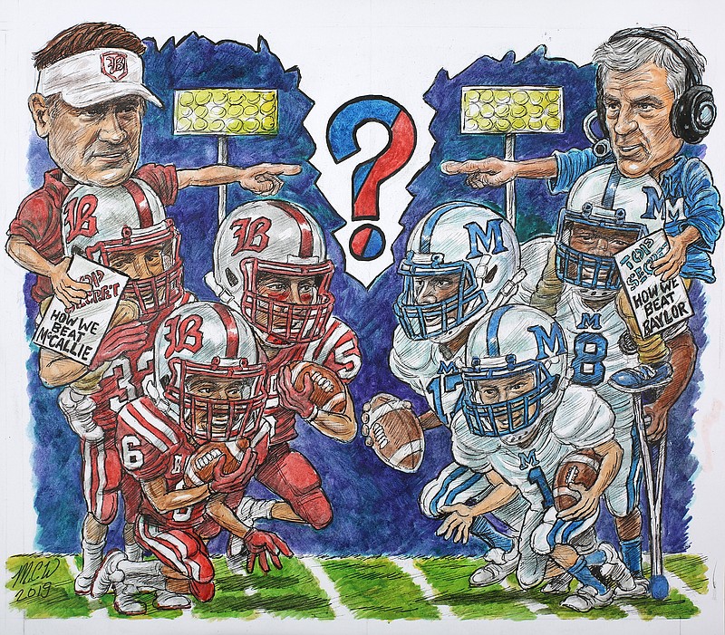 Staff photo by Erin O. Smith-Drawing by Mark Wiedmer / Baylor football coach Phil Massey, top left, and Red Raiders seniors Noah Martin (32), Mekos Baker (6) and Gabriel Stulce (5) are ready for another rivalry matchup with McCallie. Blue Tornado coach Ralph Potter, top right, will count on quarterback DeAngelo Hardy (17) and wide receiver Thompson Byrd (1) perhaps even more with standout defensive end Jay Hardy (8) injured and unable to play.