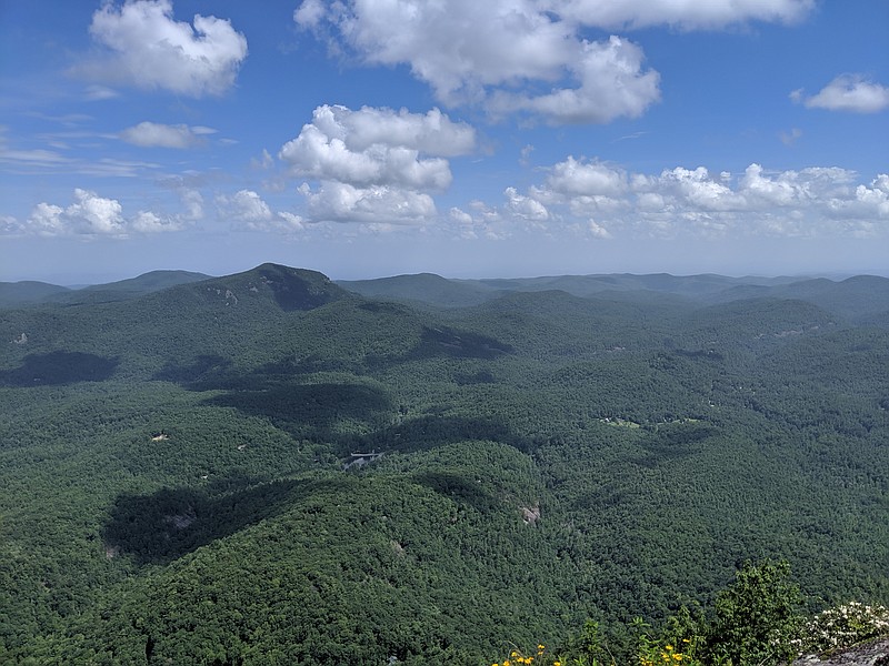 The eastern Continental Divide, which separates the eastern Atlantic Seaboard watershed from the western Gulf of Mexico watershed, as seen from the summit of Whiteside Mountain near Cashiers, North Carolina.