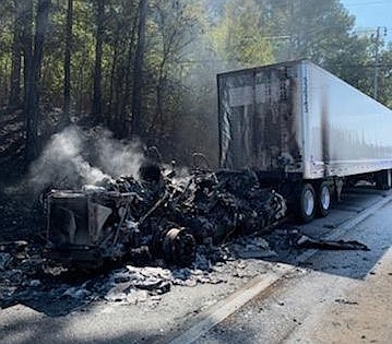 A semi truck driver's cab was completely destroyed when it caught fire on I-75 N this afternoon near the East Brainerd Road exit. / Photo contributed by the Chattanooga Fire Department