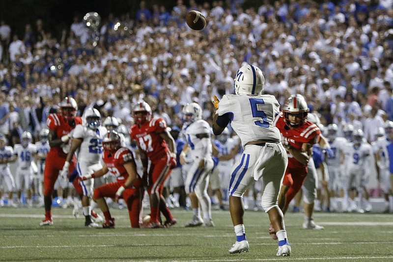 Staff photo by C.B. Schmelter / McCallie's B.J. Harris (5) is wide open as awaits the ball on an 18-yard pass for the go-ahead touchdown in the fourth quarter of the Blue Tornado's 35-28 win Friday night at Baylor.