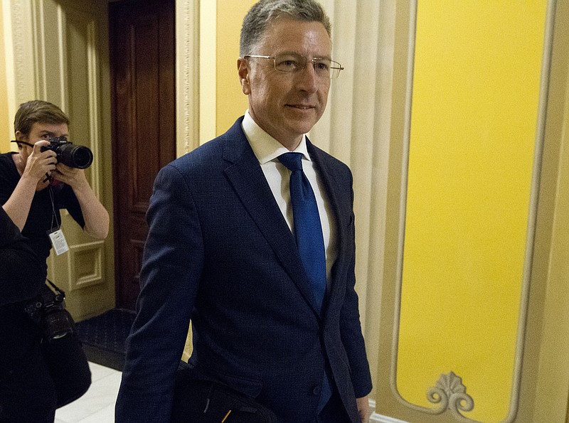 Kurt Volker, a former special envoy to Ukraine, is leaving after a closed-door interview with House investigators as House Democrats proceed with the impeachment investigation of President Donald Trump, at the Capitol in Washington, Thursday, Oct. 3, 2019. (AP Photo/Jose Luis Magana)