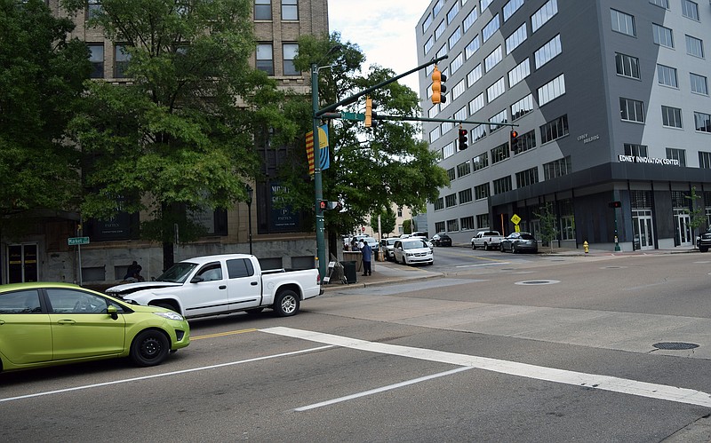 Staff photo by Mark Pace/Chattanooga Times Free Press — The intersection of Georgia Avenue, Market Street and East 11th Street near Patten Towers is pictured on Oct. 7, 2019. The area received a grant for improvements.