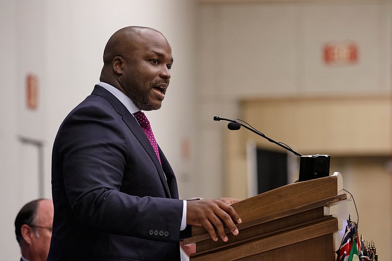 Staff file photo / Hamilton County Schools Superintendent Bryan Johnson speaks during a meeting of the Rotary Club of Chattanooga on June 20, 2019.