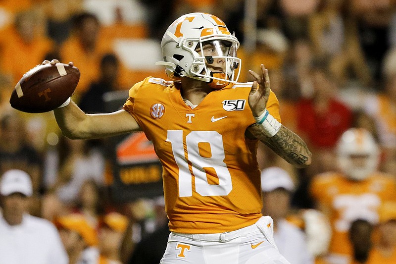 Staff photo by C.B. Schmelter / Tennessee freshman quarterback Brian Maurer passes during the Vols' matchup with SEC East rival Georgia on Oct. 5, 2019, at Neyland Stadium in Knoxville.