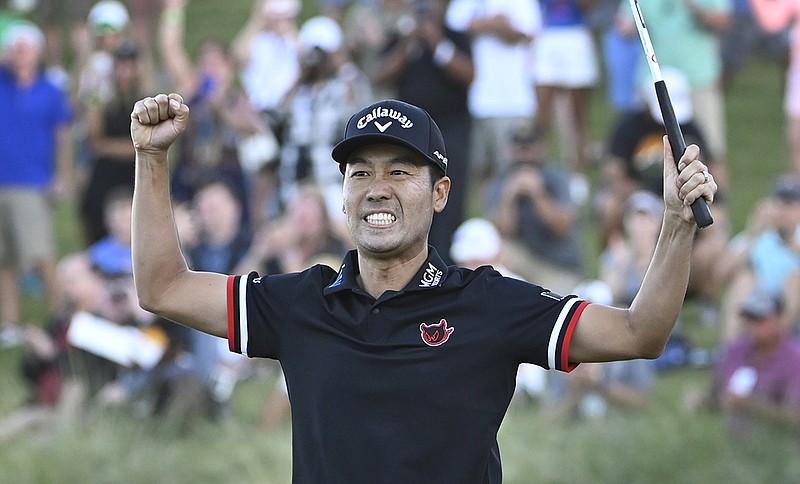 AP photo by David Becker / Kevin Na celebrates Sunday after winning the Shriners Hospitals for Children Open on the second playoff hole at TPC Summerlin in Las Vegas.