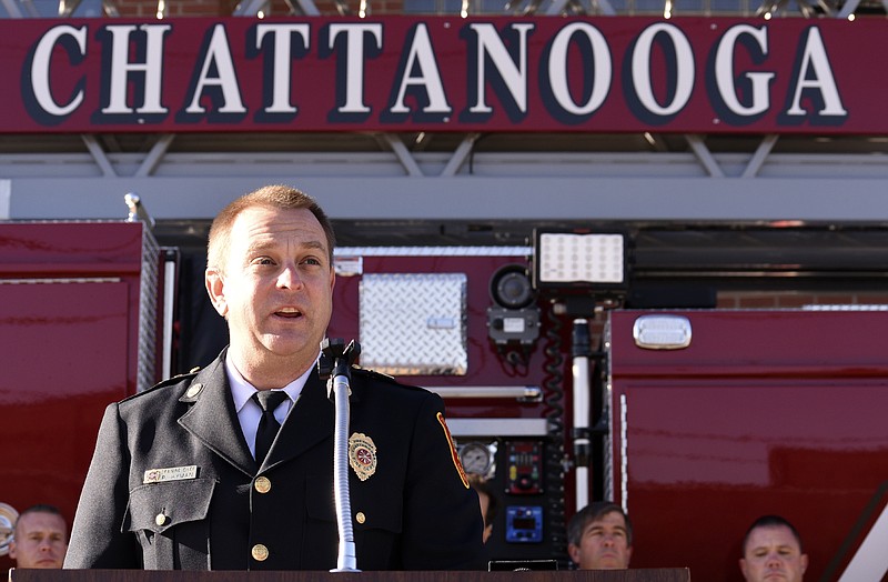Staff photo by Robin Rudd / Chattanooga Fire Department Chief Phil Hyman speaks to the media at a news conference on Oct. 26, 2017, at Fire Station 1 on East Main Street.