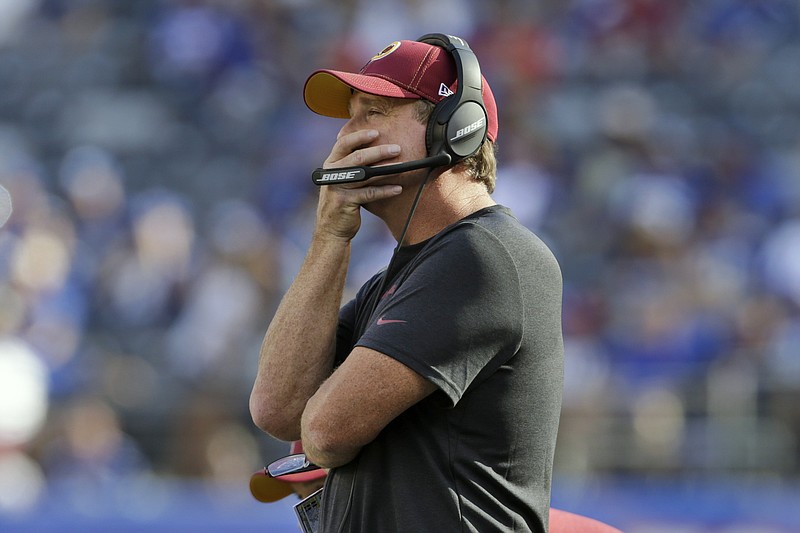 FILE - In this Sept. 29, 2019, file photo, Washington Redskins head coach Jay Gruden watches the game against the New York Giants during the second half of an NFL football game, in East Rutherford, N.J. The Giants defeated the Redskins 24-3. (AP Photo/Adam Hunger, File)


