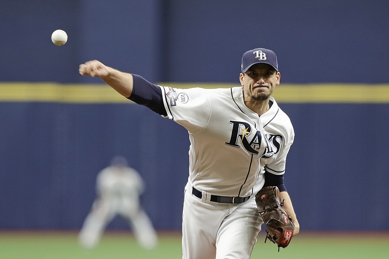 Tampa Bay Rays starting pitcher Charlie Morton (50) throws during the first inning of Game 3 of a baseball American League Division Series against the Houston Astros, Monday, Oct. 7, 2019, in St. Petersburg, Fla. (AP Photo/Chris O'Meara, Pool)