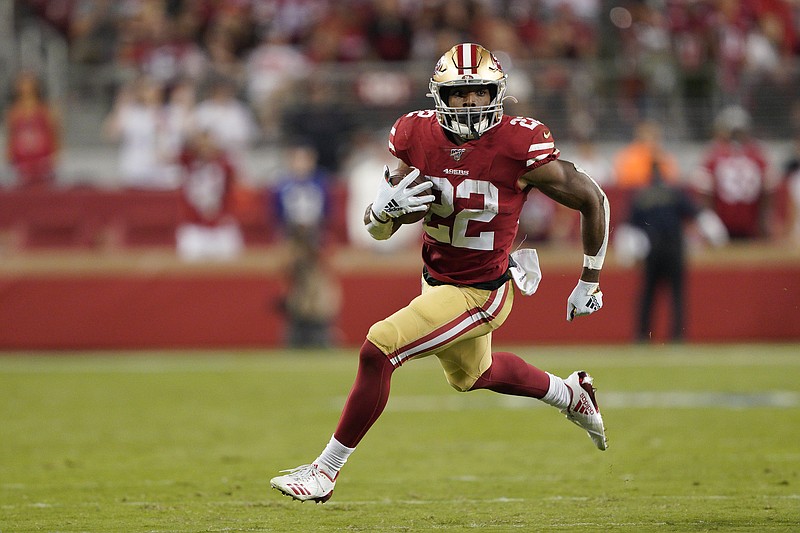 San Francisco 49ers running back Matt Breida (22) runs against the Cleveland Browns during the second half of an NFL football game in Santa Clara, Calif., Monday, Oct. 7, 2019. (AP Photo/Tony Avelar)