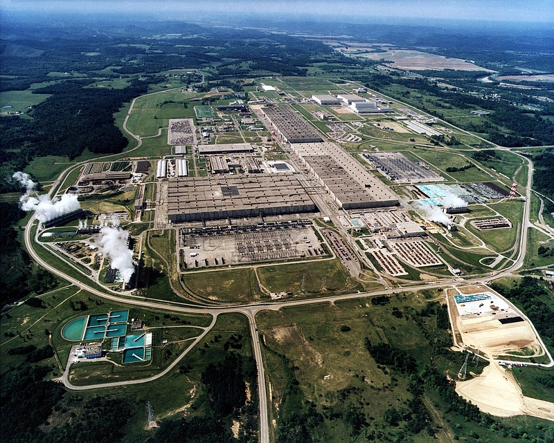 FILE - This undated file photo shows the large uranium plant in Piketon, Ohio. U.S. uranium mining companies and nuclear power plant operators are hoping for a bailout in the name of national security. President Donald Trump is scheduled to get recommendations Thursday, Oct. 10, 2019 from a federal task force studying ways to revive domestic uranium mining. The Nuclear Energy Institute representing uranium mine companies has asked the task force for tax breaks and other financial support. (AP Photo/U.S. Dept. of Energy VIA AP)