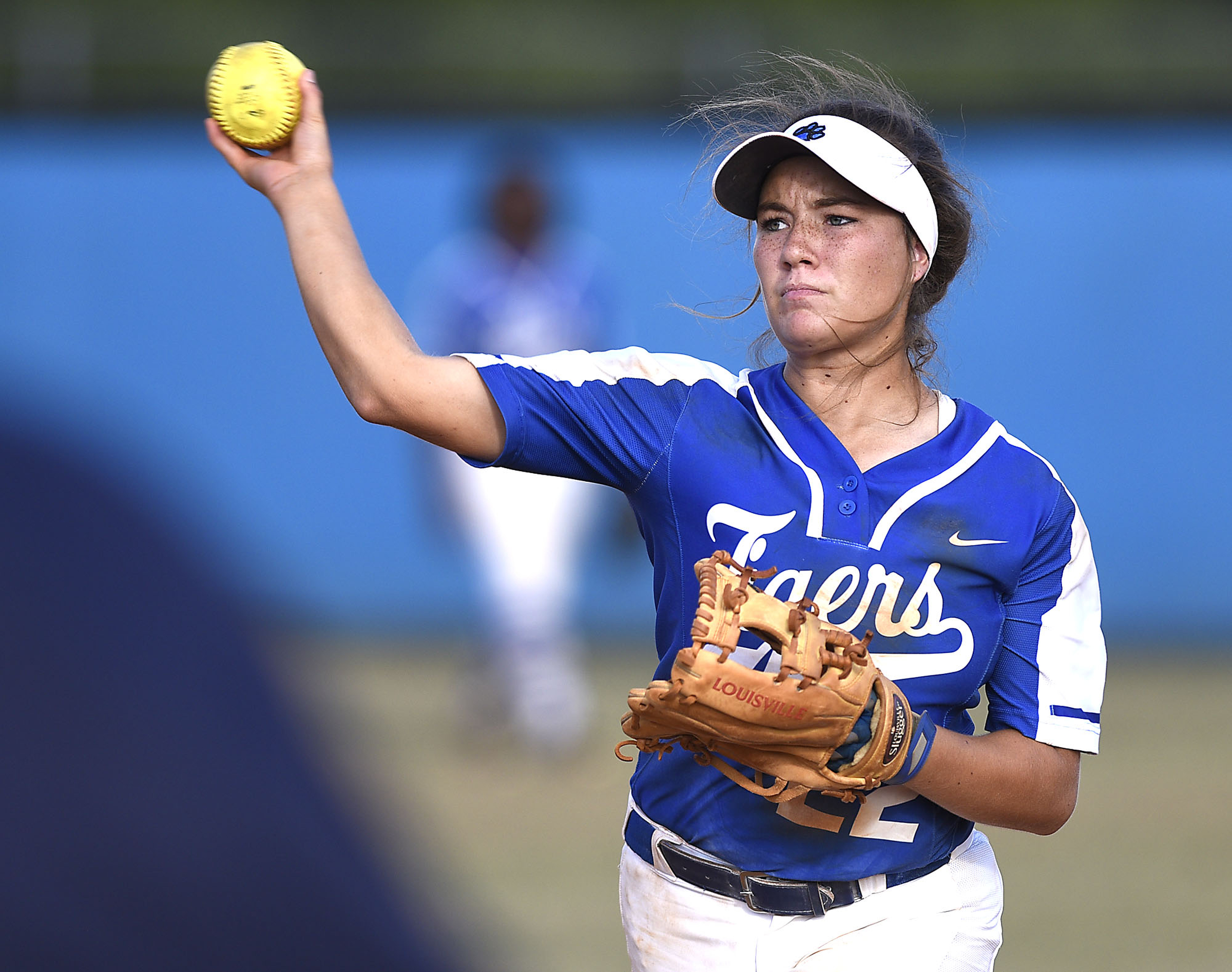 Staff Photo by Robin Rudd/ Ringgold second baseman Caroline Hemphill (22) throws a runner out at first. The Ringgold Lady Tigers hosted the Morgan County Lady Bulldogs in the GHSA state softball tournament on October 9, 2019.