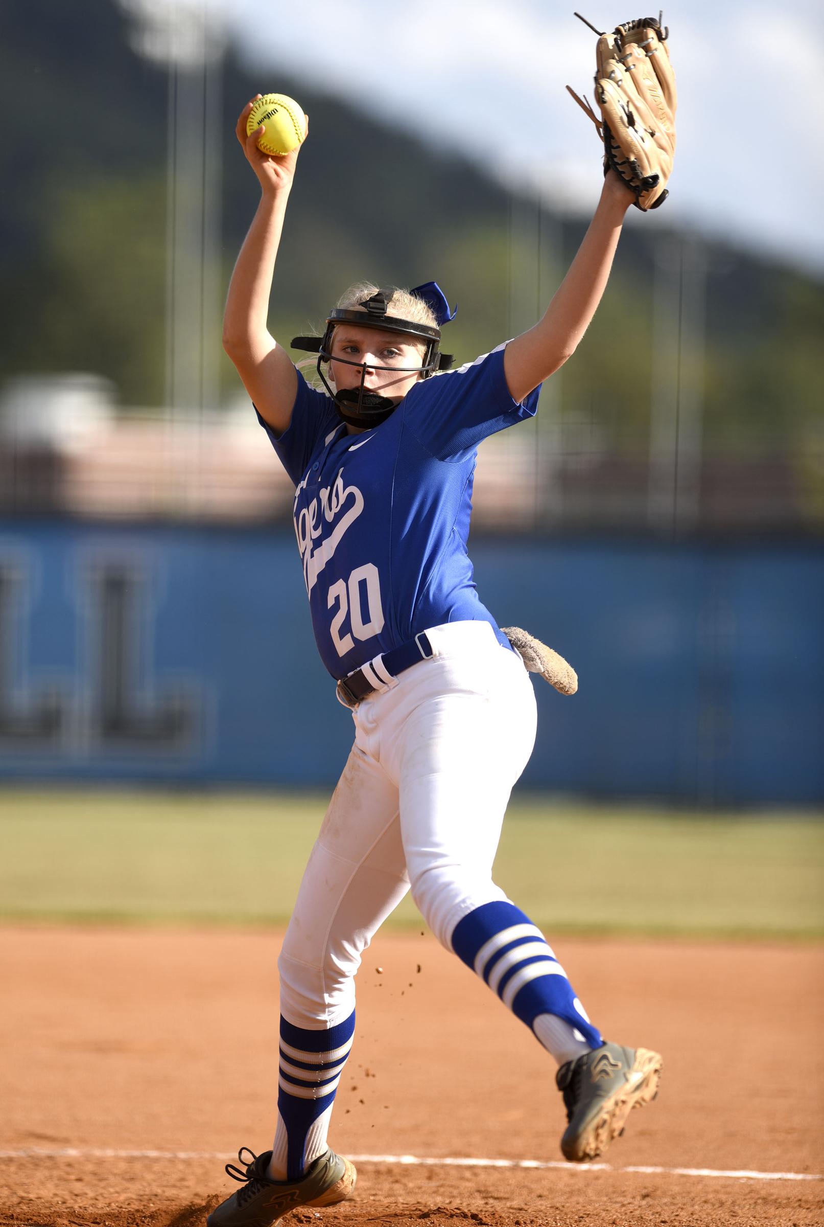 Staff Photo by Robin Rudd/ Ringgold pitcher Kaylee Phillips (20) goes into her windup. The Ringgold Lady Tigers hosted the Morgan County Lady Bulldogs in the GHSA state softball tournament on October 9, 2019.