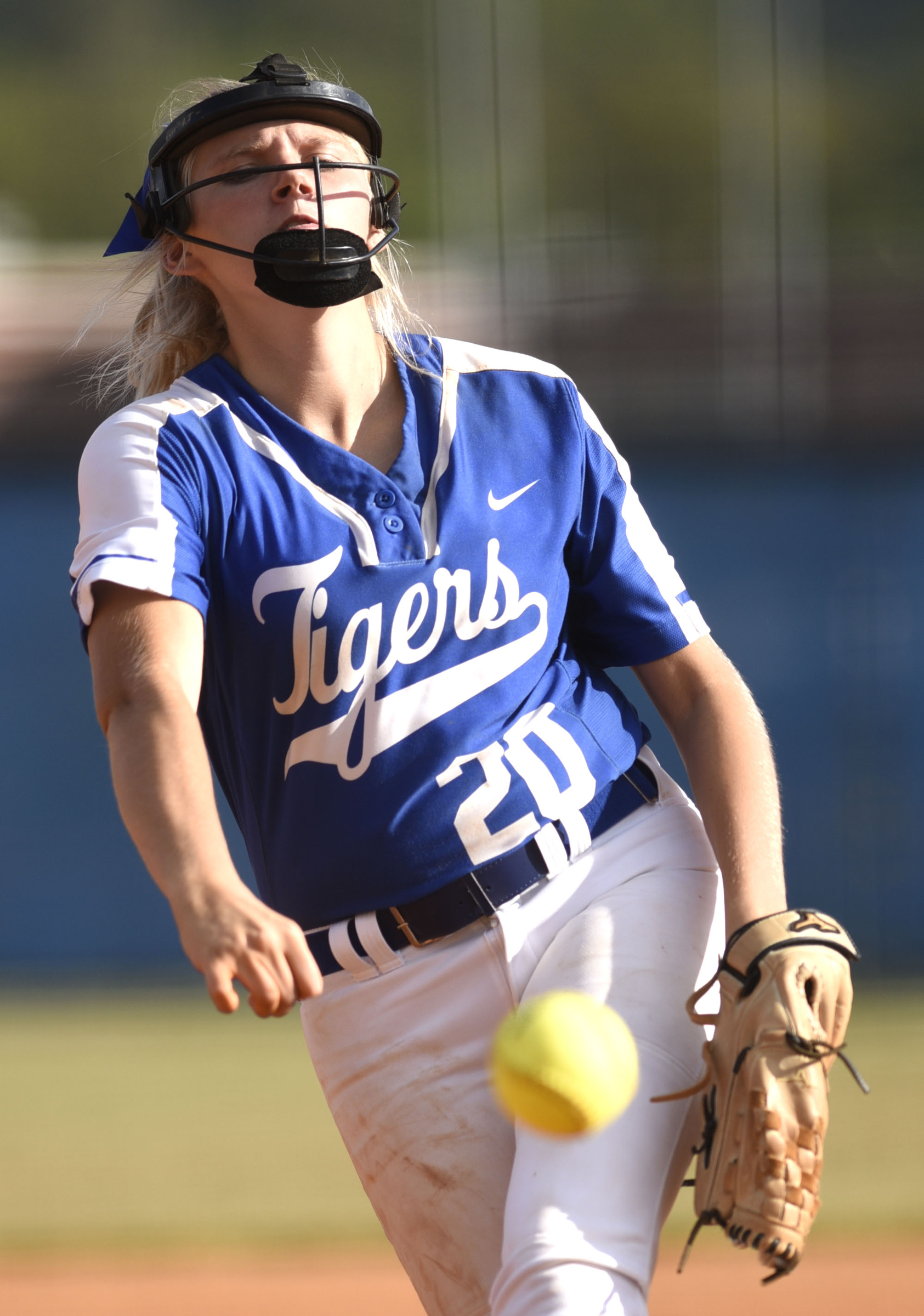 Staff Photo by Robin Rudd/ Ringgold's Kaylee Phillips (20) delivers to the plate. The Ringgold Lady Tigers hosted the Morgan County Lady Bulldogs in the GHSA state softball tournament on October 9, 2019.