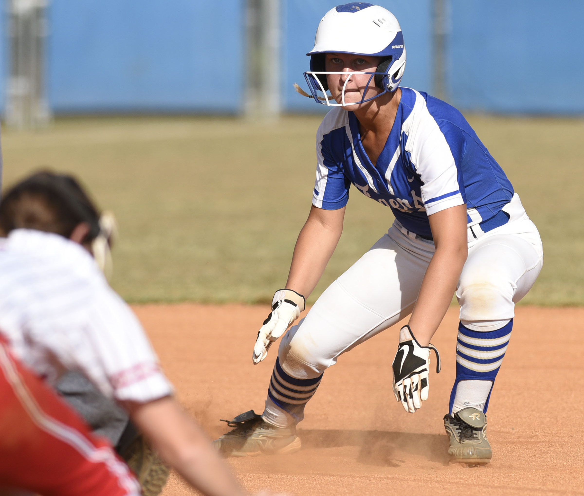 Staff Photo by Robin Rudd/ Ringgold's Baleigh Pitts (10) holds up after rounding second. The Ringgold Lady Tigers hosted the Morgan County Lady Bulldogs in the GHSA state softball tournament on October 9, 2019.