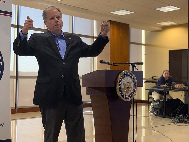 U.S. Sen. Doug Jones addresses the House impeachment inquiry of President Donald Trump during a Sept.30, 2019 town hall on the campus of Wallace State Community College in Hanceville, Ala. (AP Photo/Kim Chandler)


