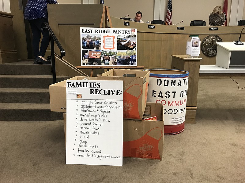 Staff photo by Sabrina Bodon / The East Ridge City Council is hosting a food drive at its meetings through the end of the year to help the East Ridge Community Food Pantry. Officials are asking for a variety of canned and fresh foods, or monetary donations.