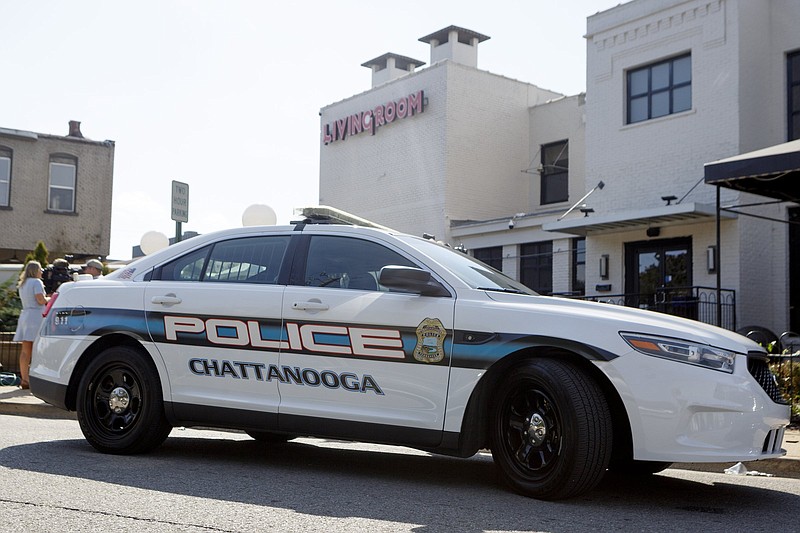 Staff photo by C.B. Schmelter / A police car is seen outside of Coyote Jack's as disorder prevention as the property owners gained access to the building on Friday, Oct. 11, 2019 in Chattanooga, Tenn.