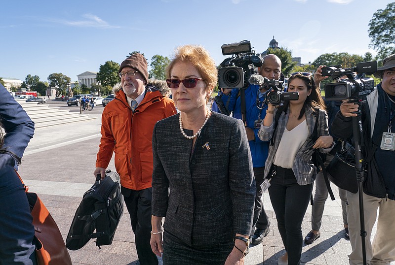 Former U.S. ambassador to Ukraine Marie Yovanovitch, arrives on Capitol Hill, Friday, Oct. 11, 2019, in Washington, as she is scheduled to testify before congressional lawmakers on Friday as part of the House impeachment inquiry into President Donald Trump. (AP Photo/J. Scott Applewhite)