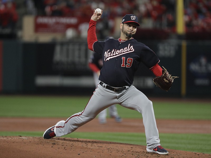 AP photo by Mark Humphrey / Washington Nationals starter Anibal Sanchez pitches during the second inning of Game 1 of the NL Championship Series on Friday against the host St. Louis Cardinals.