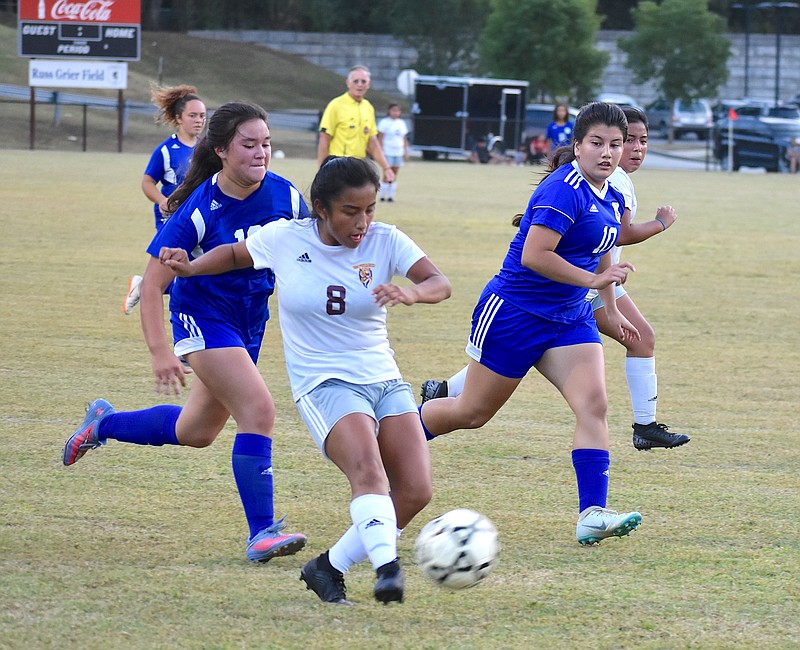 Staff photo by Patrick MacCoon / Howard senior forward Desiree Bautista scores one of her five goals against Red Bank in a road match this past Thursday.