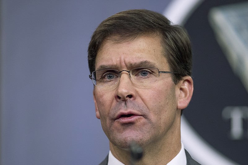 In this Aug. 28, 2019, file photo, Secretary of Defense Mark Esper speaks to reporters during a briefing at the Pentagon. Esper says the "impulsive" decision by Turkey to invade northern Syria will further destabilize a region already caught up in civil war. Esper says the invasion puts America's Syrian Kurdish partners "in harm's way," but insists the Kurds are not being abandoned. (AP Photo/Manuel Balce Ceneta, File)