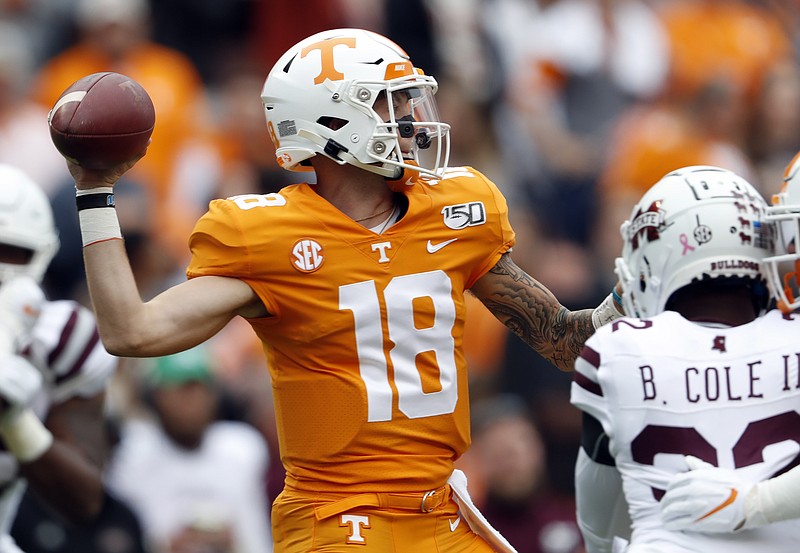 Tennessee quarterback Brian Maurer (18) throws to a receiver in the first half of an NCAA college football game against Mississippi State, Saturday, Oct. 12, 2019, in Knoxville, Tenn. (AP Photo/Wade Payne)

