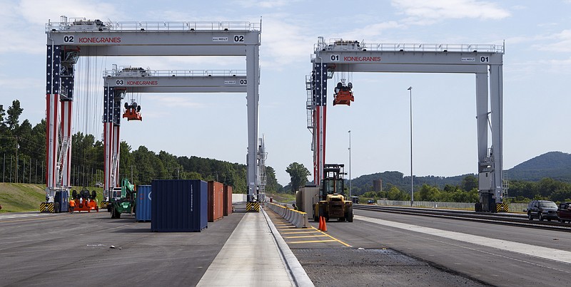 Staff photo by C.B. Schmelter / The Appalachian Regional Port, a freight pickup and drop-off gateway for trucks and trains, is seen on Tuesday, July 10, 2018 in Crandall, Ga. The port, equipped with three state-of-the-art electric cranes, is set to open on Aug. 1.