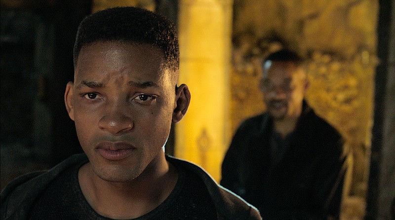 This image released by Paramount Pictures shows Will Smith, portraying Junior, foreground, and Henry Brogan in the Ang Lee film "Gemini Man." (Paramount Pictures via AP)